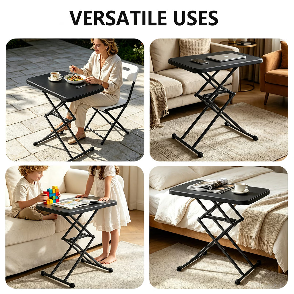 OROFULL 26 inch Small Folding Table, Height Adjustable x Frame Portable Plastic Table for Laptop, Couch, Camping and Small Spaces, Black