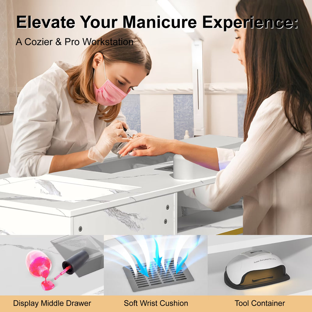 OROFULL Manicure Table, Professional Nail Desk with Dust Collector & Storage Drawers, Acetone Resistant Nail Station for Salon Home Use, White