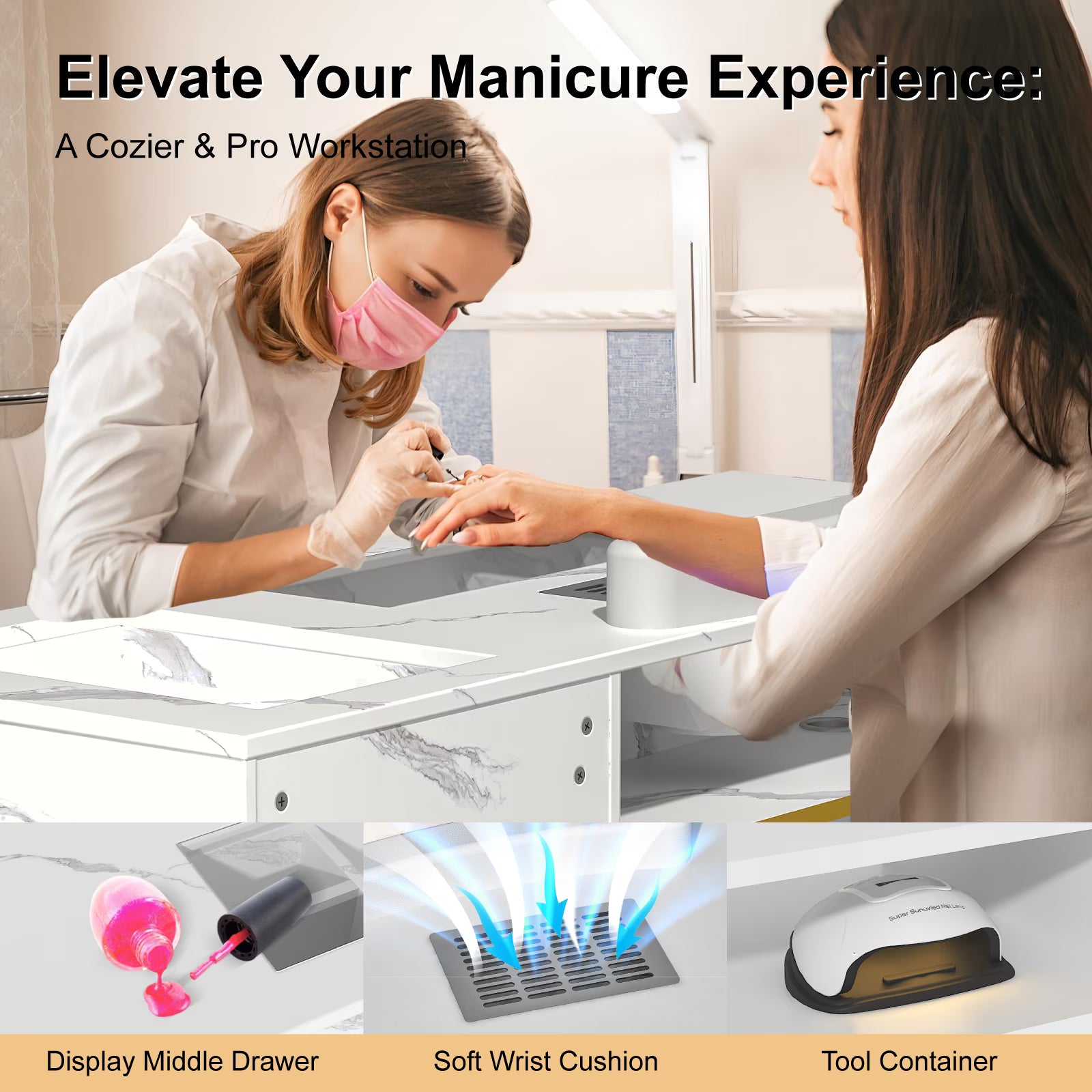 OROFULL Manicure Table, Professional Nail Desk with Dust Collector & Storage Drawers, Acetone Resistant Nail Station for Salon Home Use, White