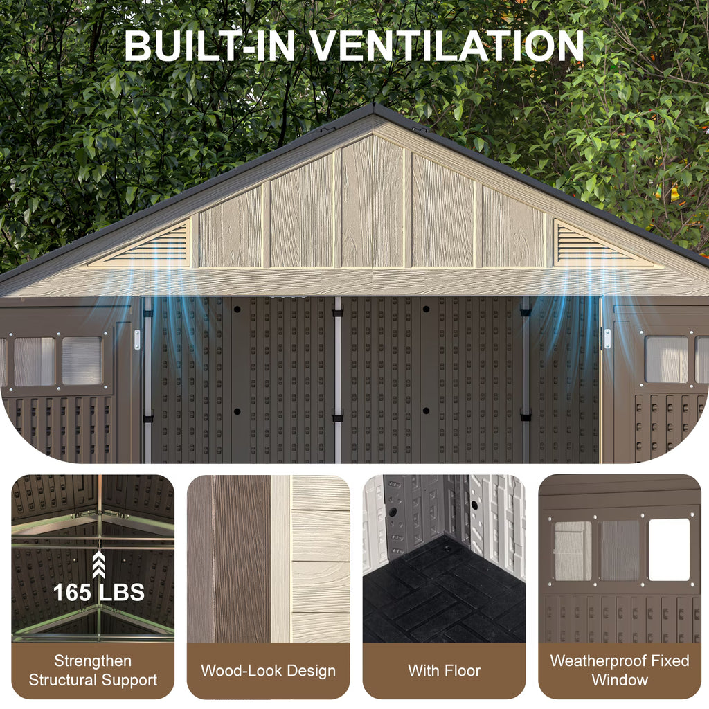OROFULL 8' x 6' Outdoor Storage Shed, Weatherproof Resin Tool Shed with Built-in Floor, Lockable Doors & Vents for Patio Garden Backyard, Khaki
