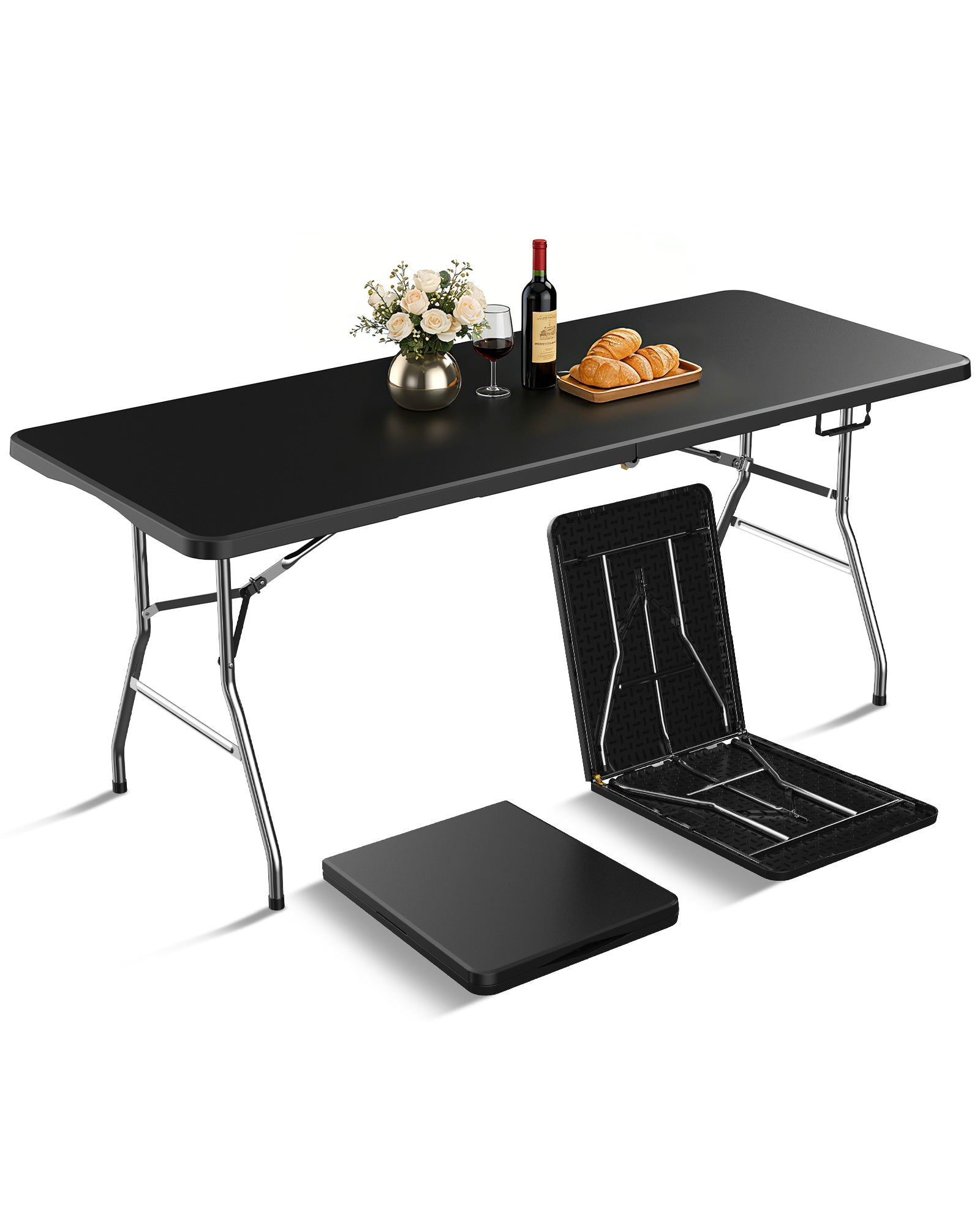 OROFULL 6ft Folding Table, Heavy Duty Portable Plastic Utility Table with Carry Handle, Waterproof Foldable Table for Party Camping Picnic Dining Indoor Outdoor, Black