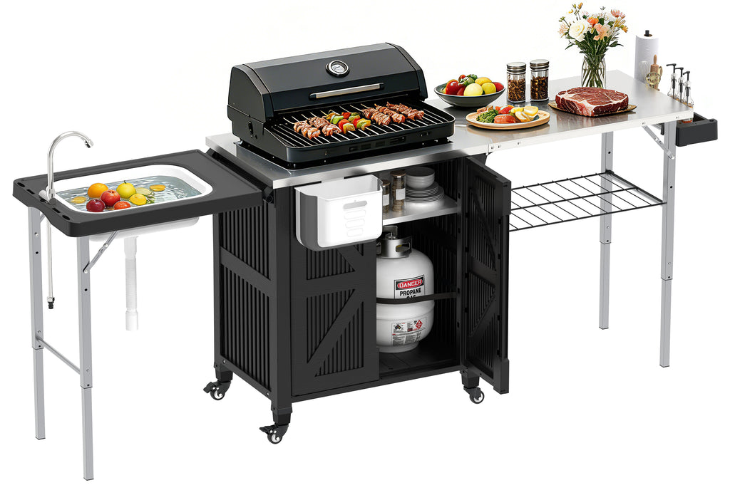 OROFULL 3-in-1 Outdoor Grill Cart with Storage Cabinet, Movable BBQ Prep Station with Stainless Steel Tabletop & Foldable Sink for Patio, Black