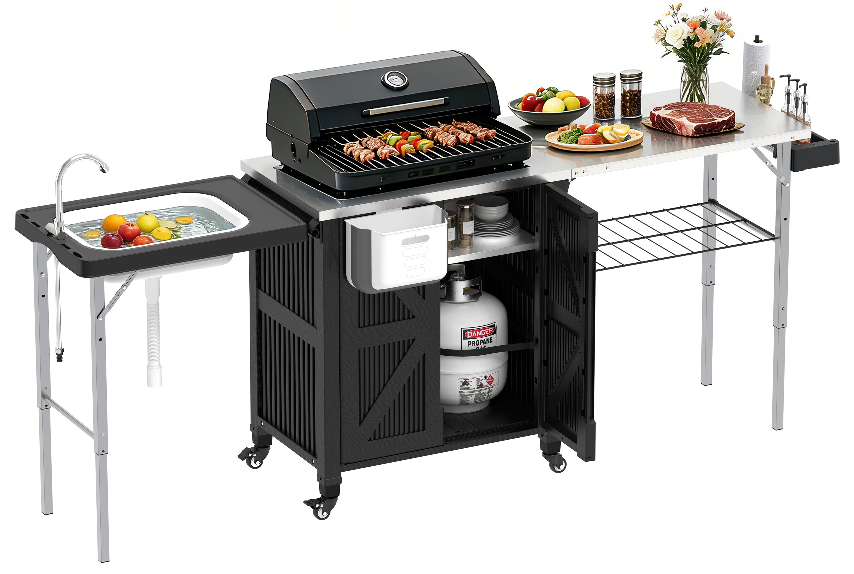 OROFULL 3-in-1 Outdoor Grill Cart with Storage Cabinet, Movable BBQ Prep Station with Stainless Steel Tabletop & Foldable Sink for Patio, Black