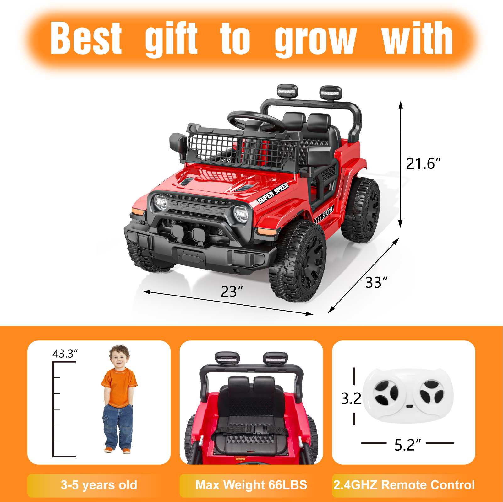 OROFULL 12V Electric Ride On Car, Kids Ride On Truck Toy with Remote Control, Double Doors and Music for Toddlers, Boys and Girls,Red