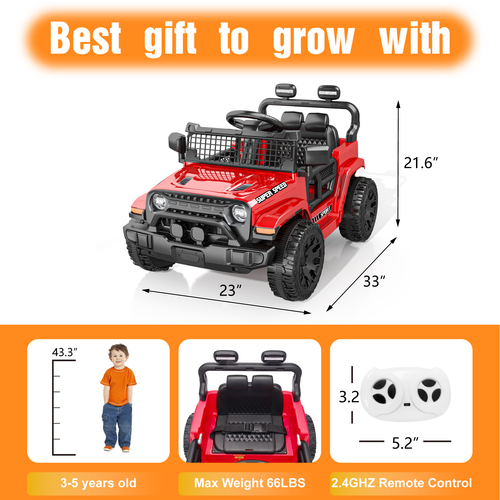 OROFULL 12V Electric Ride On Car, Kids Ride On Truck Toy with Remote Control, Double Doors and Music for Toddlers, Boys and Girls,Red