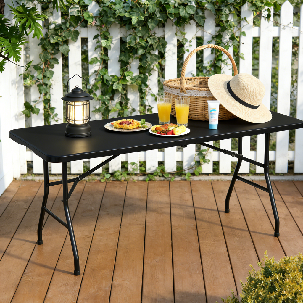 OROFULL 6 Foot Folding Plastic Table, Heavy Duty Portable Indoor Outdoor Dining Table with Carry Handle, Lock Design, Black