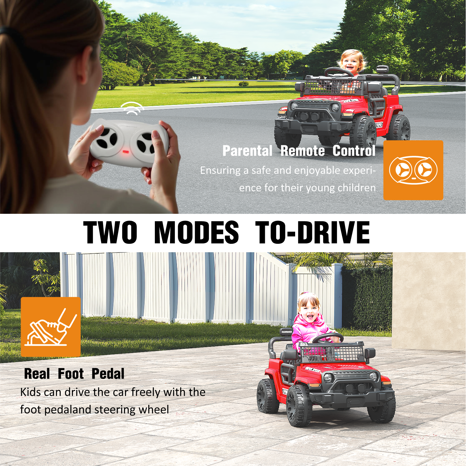 OROFULL 12V Electric Ride On Car, Kids Ride On Truck Toy with Remote Control, Double Doors and Music for Toddlers, Boys and Girls,Red