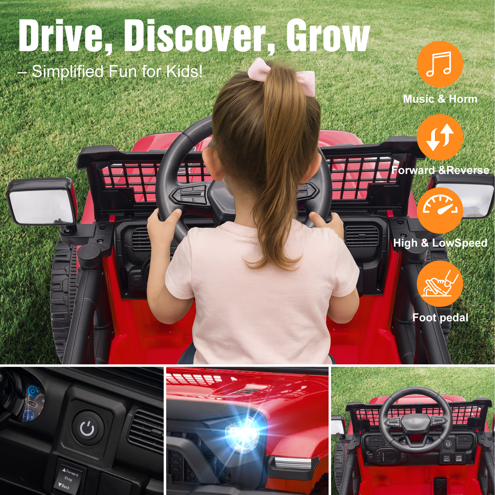 OROFULL 12V Electric Ride On Car, Kids Ride On Truck Toy with Remote Control, Double Doors and Music for Toddlers, Boys and Girls,Red