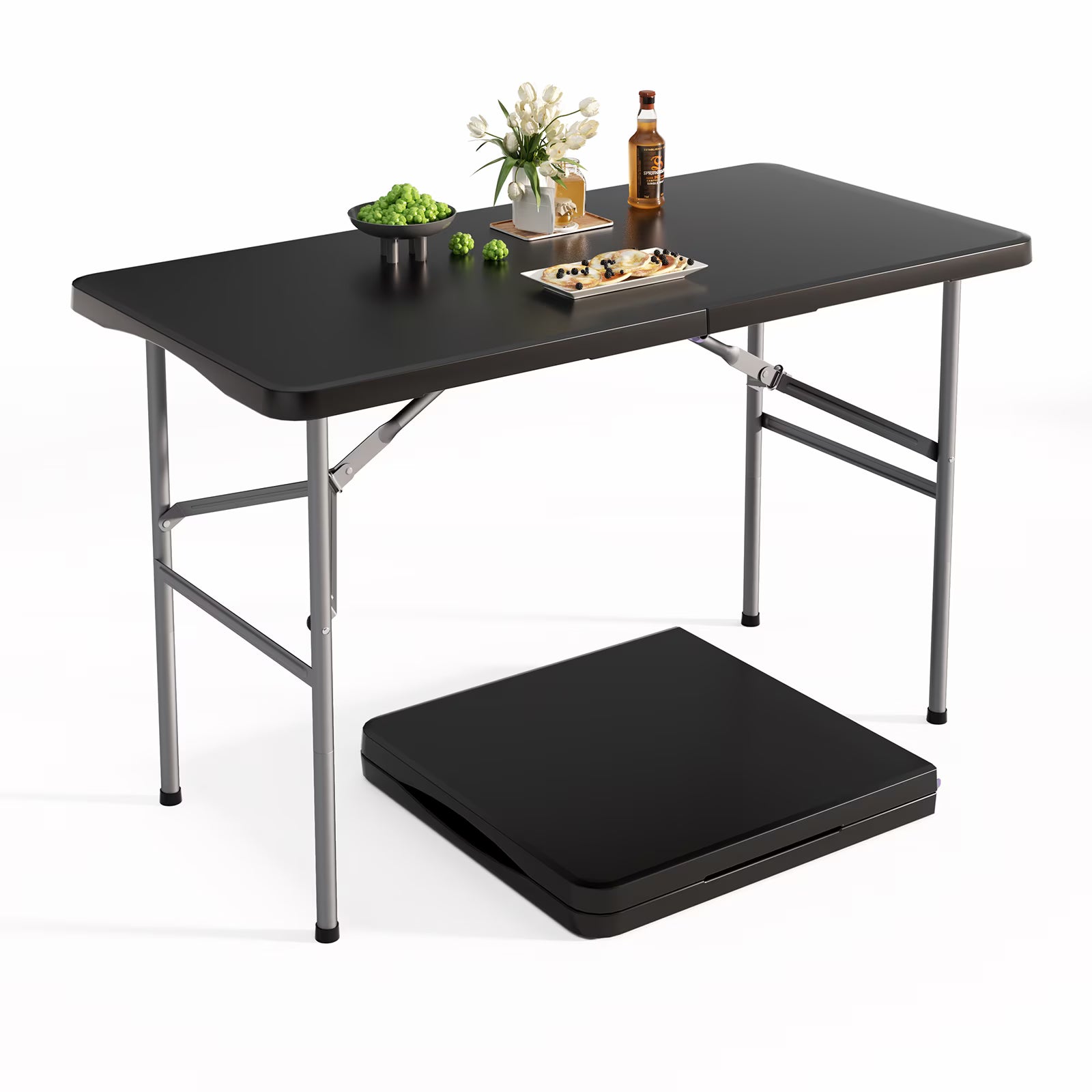 OROFULL 4 FT Folding Table, Heavy Duty HDPE Plastic Portable Foldable Table with Safety Lock & Carry Handle for Indoor Outdoor Party Camping Picnic Dining, Black