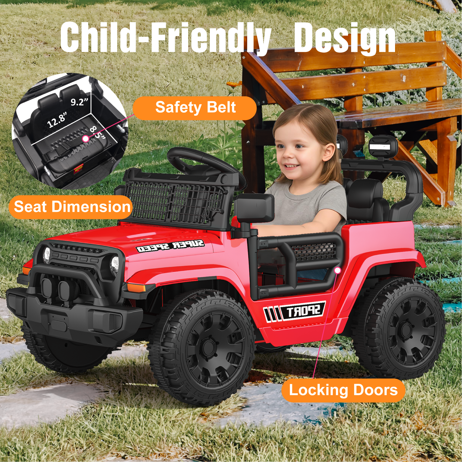 OROFULL 12V Electric Ride On Car, Kids Ride On Truck Toy with Remote Control, Double Doors and Music for Toddlers, Boys and Girls,Red