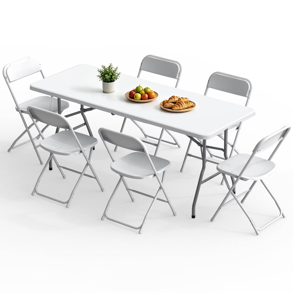 OROFULL 6FT Folding Table Set with 6 Chairs, Plastic Portable Dining Table for Party Camping Backyard Events Picnic,White