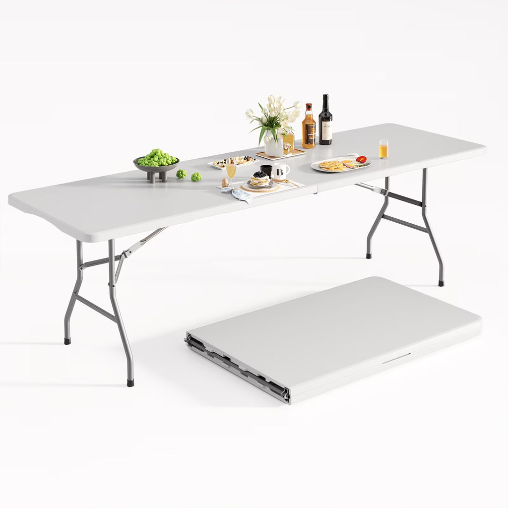 OROFULL 8ft Folding Table, Heavy Duty Plastic Foldable Table with Carry Handle, Indoor Outdoor Utility Table for Party Camping Picnic Dining, White
