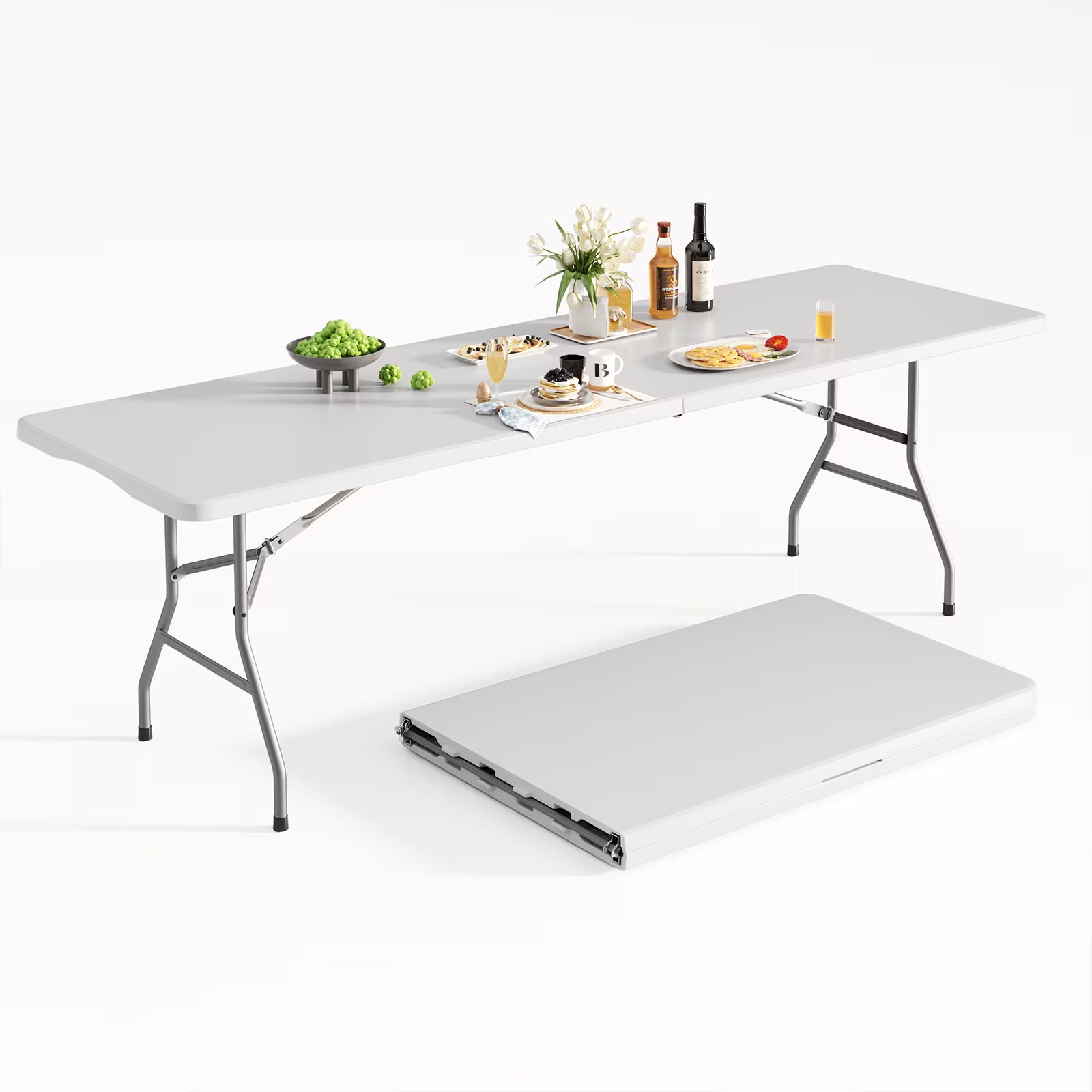 OROFULL 8ft Folding Table, Heavy Duty Plastic Foldable Table with Carry Handle, Indoor Outdoor Utility Table for Party Camping Picnic Dining, White