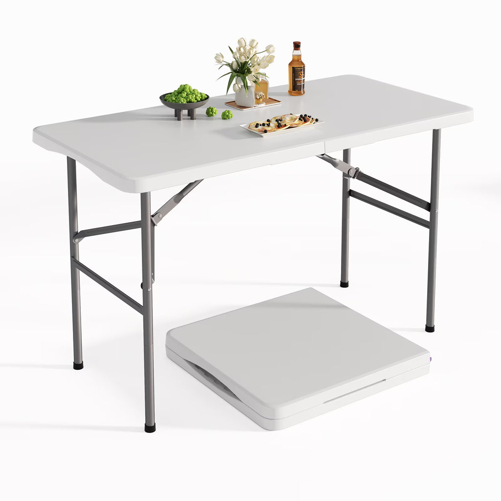 OROFULL 4 FT Folding Table, Heavy Duty HDPE Plastic Portable Foldable Table with Safety Lock & Carry Handle for Indoor Outdoor Party Camping Picnic Dining, White