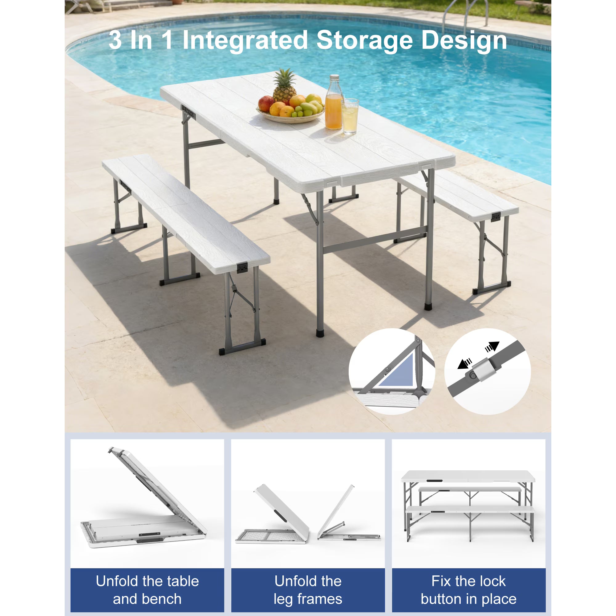 OROFULL 6FT Folding Picnic Table Set, Heavy Duty Portable Table with 2 Benches, Indoor Outdoor Foldable Camping Furniture for Patio BBQ Party Backyard, White