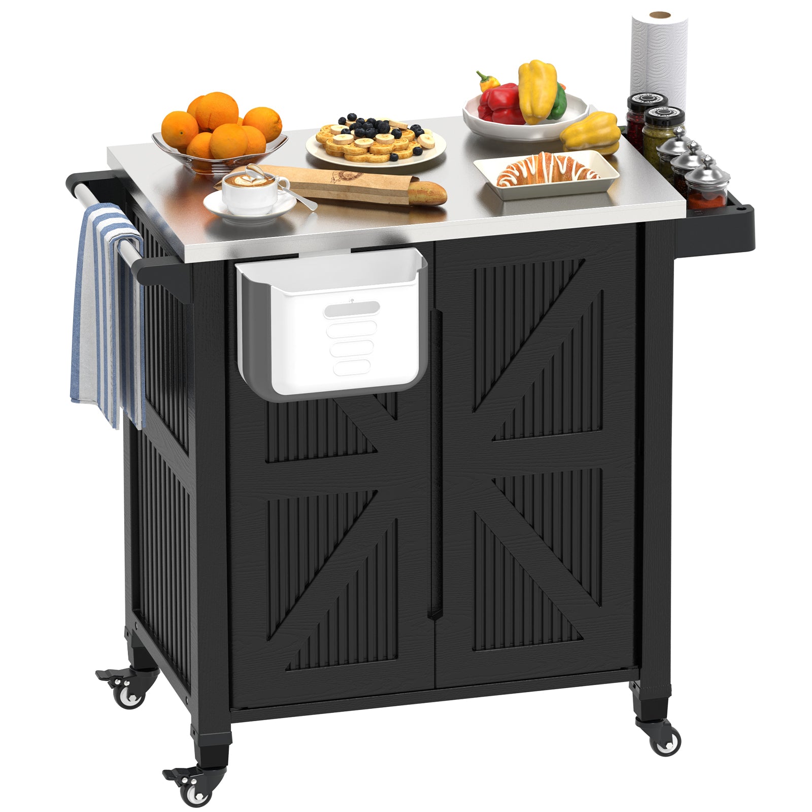 OROFULL Outdoor Grill Cart with Stainless Steel Tabletop, Movable BBQ Prep Table with Storage Cabinet & Lockable Wheels for Patio, Backyard, Black