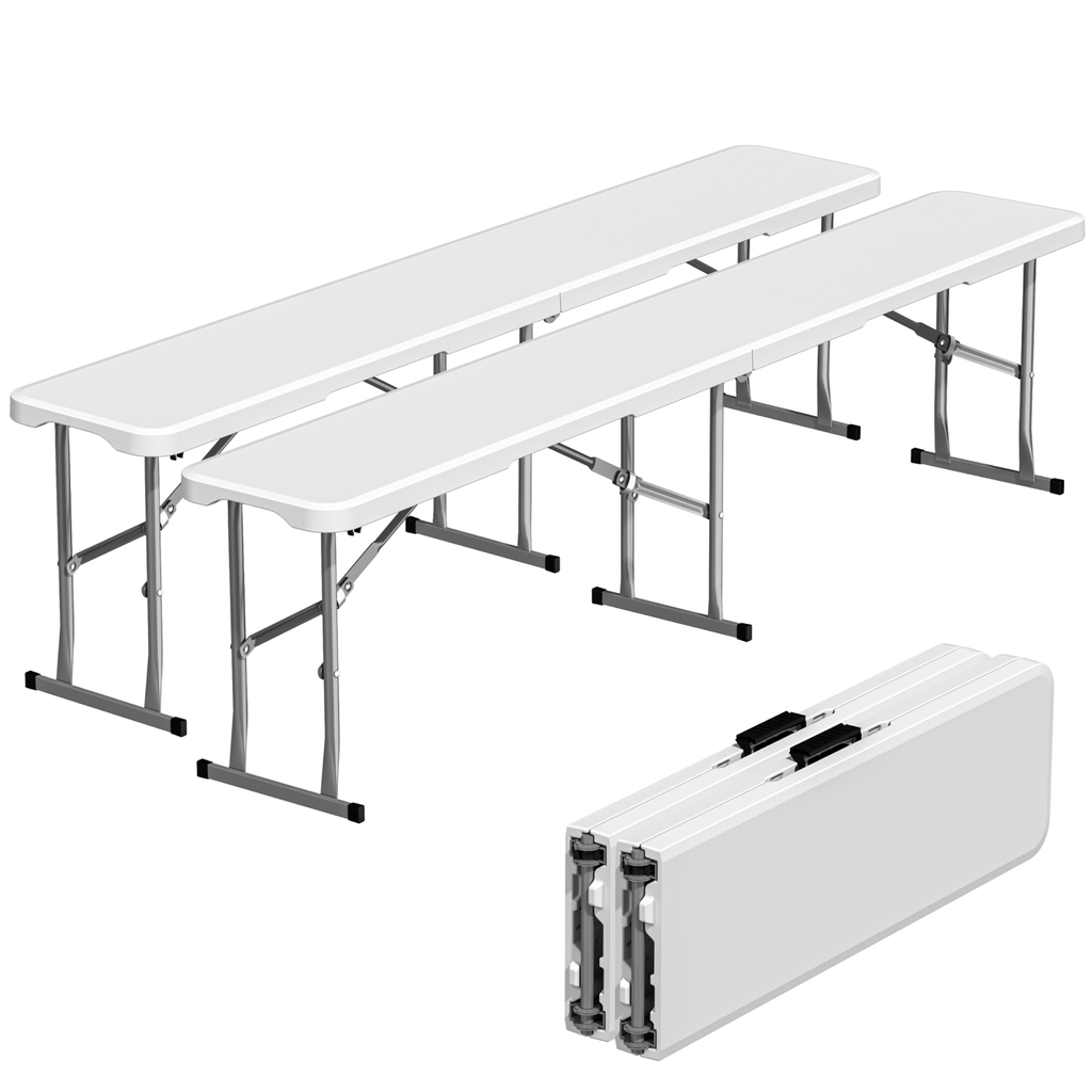 OROFULL 6FT Plastic Folding Bench 2 Pack, HDPE Portable Foldable Bench with Steel Frame for Outdoor Camping Picnic Party Dining, White