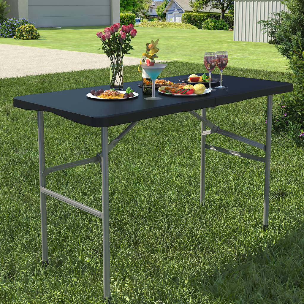 OROFULL 4 FT Folding Table, Heavy Duty HDPE Plastic Portable Foldable Table with Safety Lock & Carry Handle for Indoor Outdoor Party Camping Picnic Dining, Black