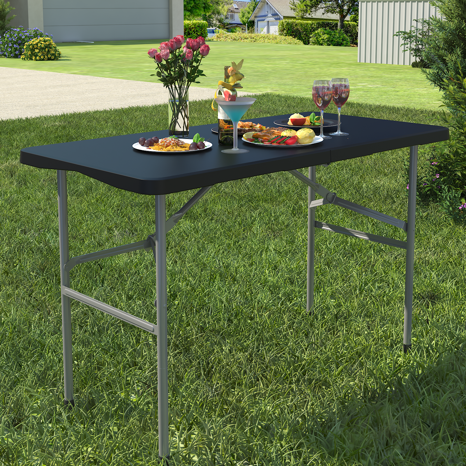 OROFULL 4 FT Folding Table, Heavy Duty HDPE Plastic Portable Foldable Table with Safety Lock & Carry Handle for Indoor Outdoor Party Camping Picnic Dining, Black