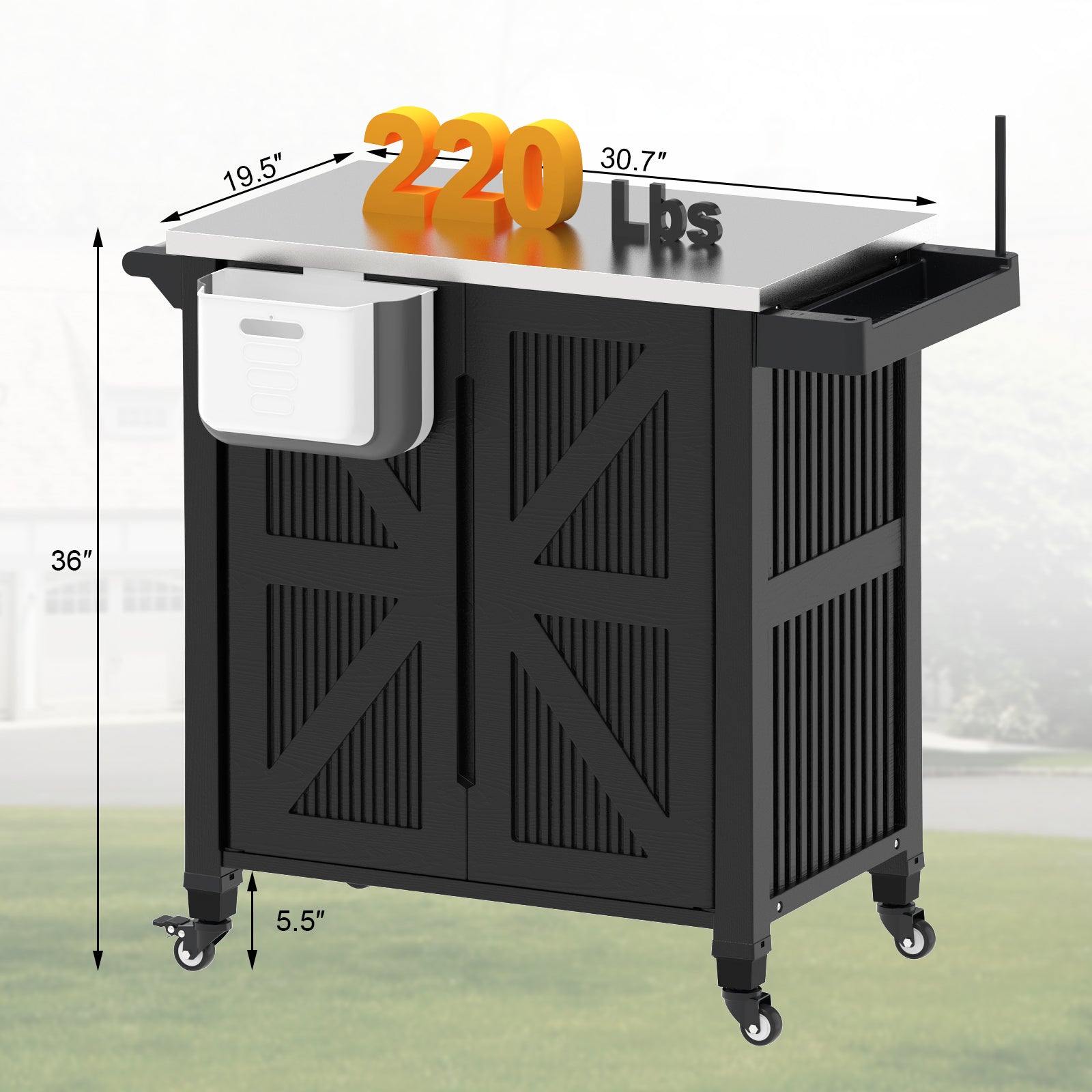 OROFULL Outdoor Grill Cart with Stainless Steel Tabletop, Movable BBQ Prep Table with Storage Cabinet & Lockable Wheels for Patio, Backyard, Black