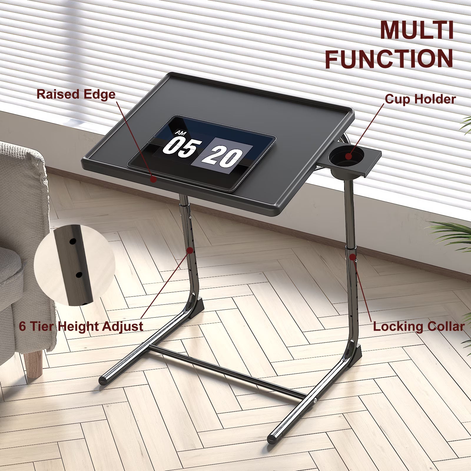 OROFULL Adjustable TV Tray Table with Cup Holder, 6 Height & 3 Tilt Angle Folding Sofa Desk for Living Room Bedroom, Black