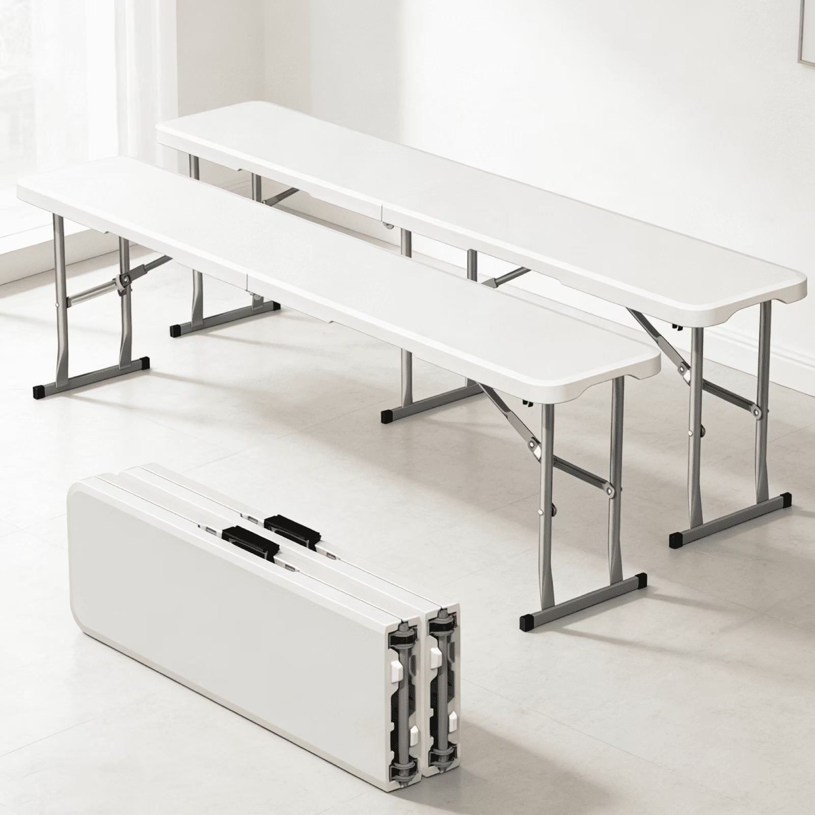 OROFULL 6FT Plastic Folding Bench 2 Pack, HDPE Portable Foldable Bench with Steel Frame for Outdoor Camping Picnic Party Dining, White