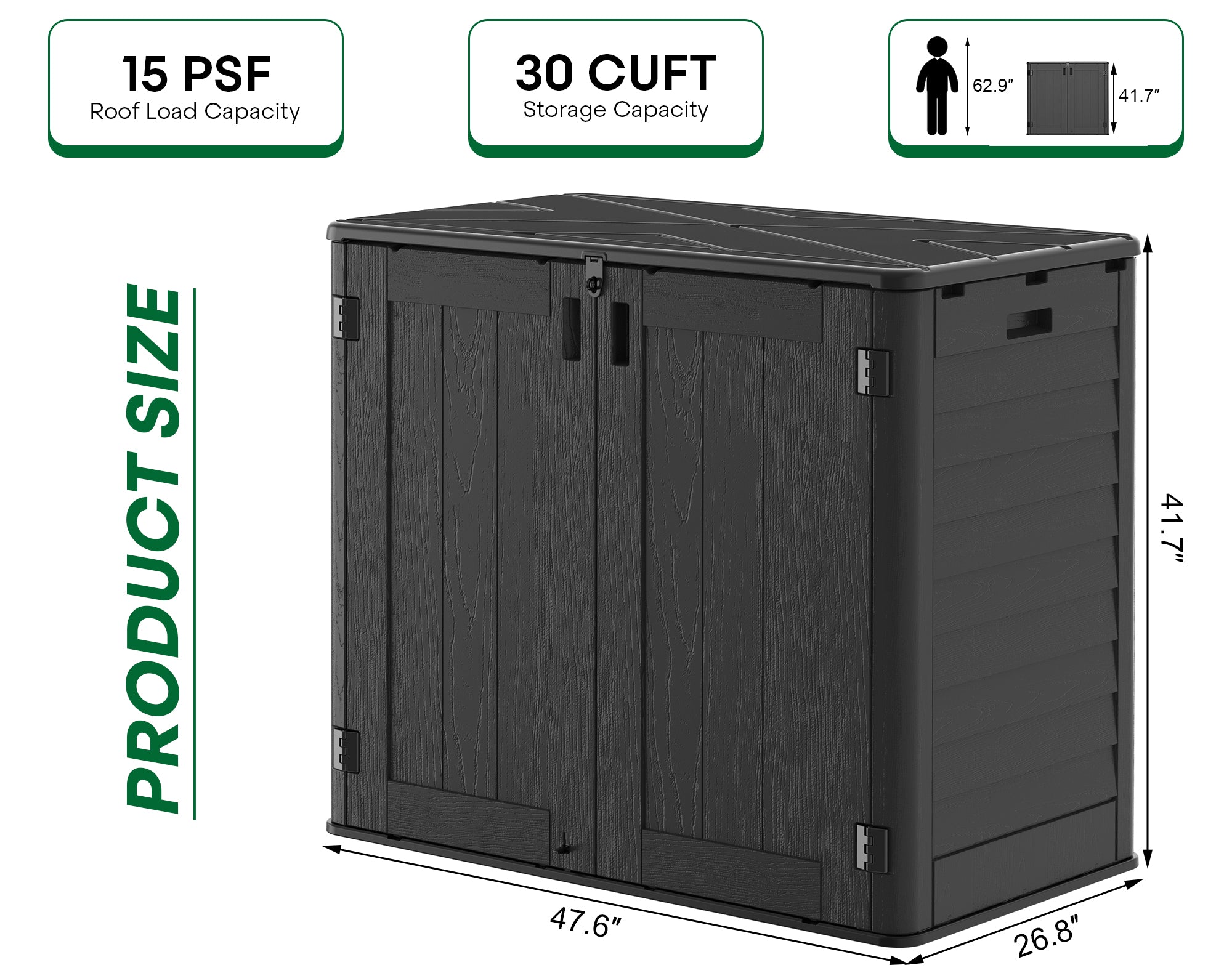OROFULL 30 Cu.Ft Outdoor Storage Shed, Waterproof Resin Horizontal Cabinet with Lockable Doors for Patio, Backyard & Garden Tools, Black