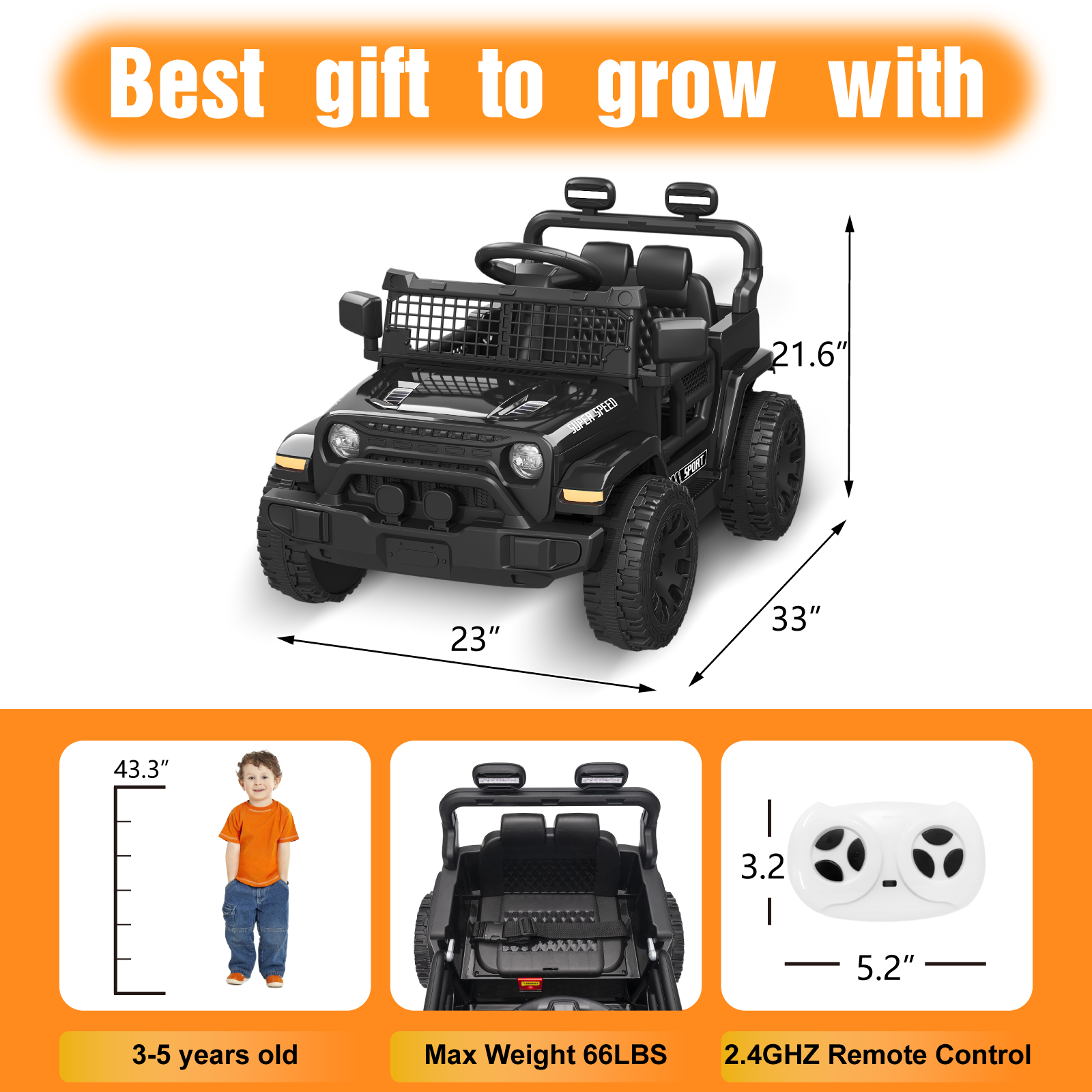OROFULL 12V Electric Ride On Car, Kids Ride On Truck Toy with Remote Control, Double Doors and Music for Toddlers, Boys and Girls,Black