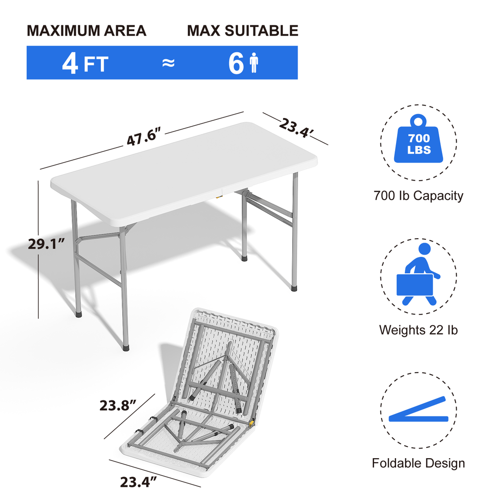 OROFULL 4 FT Folding Table, Heavy Duty HDPE Plastic Portable Foldable Table with Safety Lock & Carry Handle for Indoor Outdoor Party Camping Picnic Dining, White