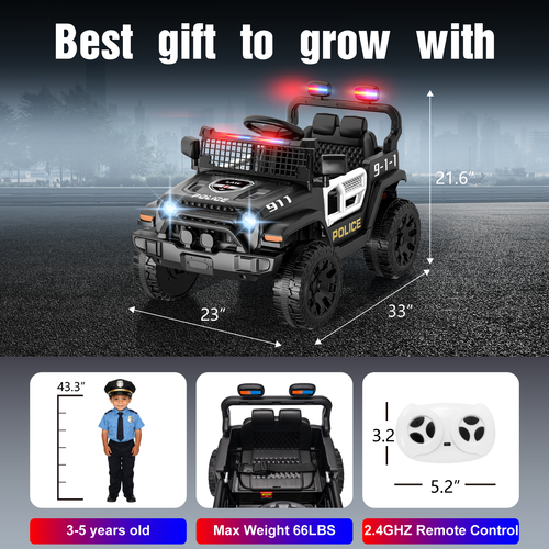OROFULL 12V Electric Police Car, Kids Ride On Car with Remote Control, Double Doors and Music for Toddlers, Boys and Girls,Black