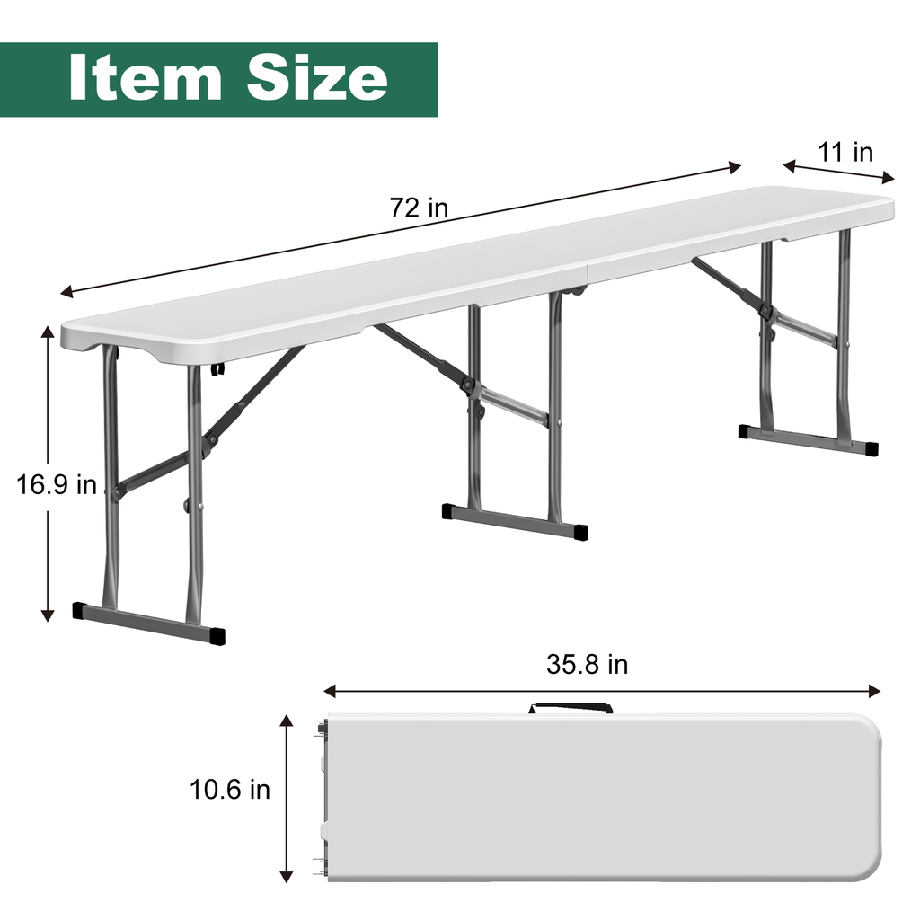 OROFULL 6FT Plastic Folding Bench 2 Pack, HDPE Portable Foldable Bench with Steel Frame for Outdoor Camping Picnic Party Dining, White