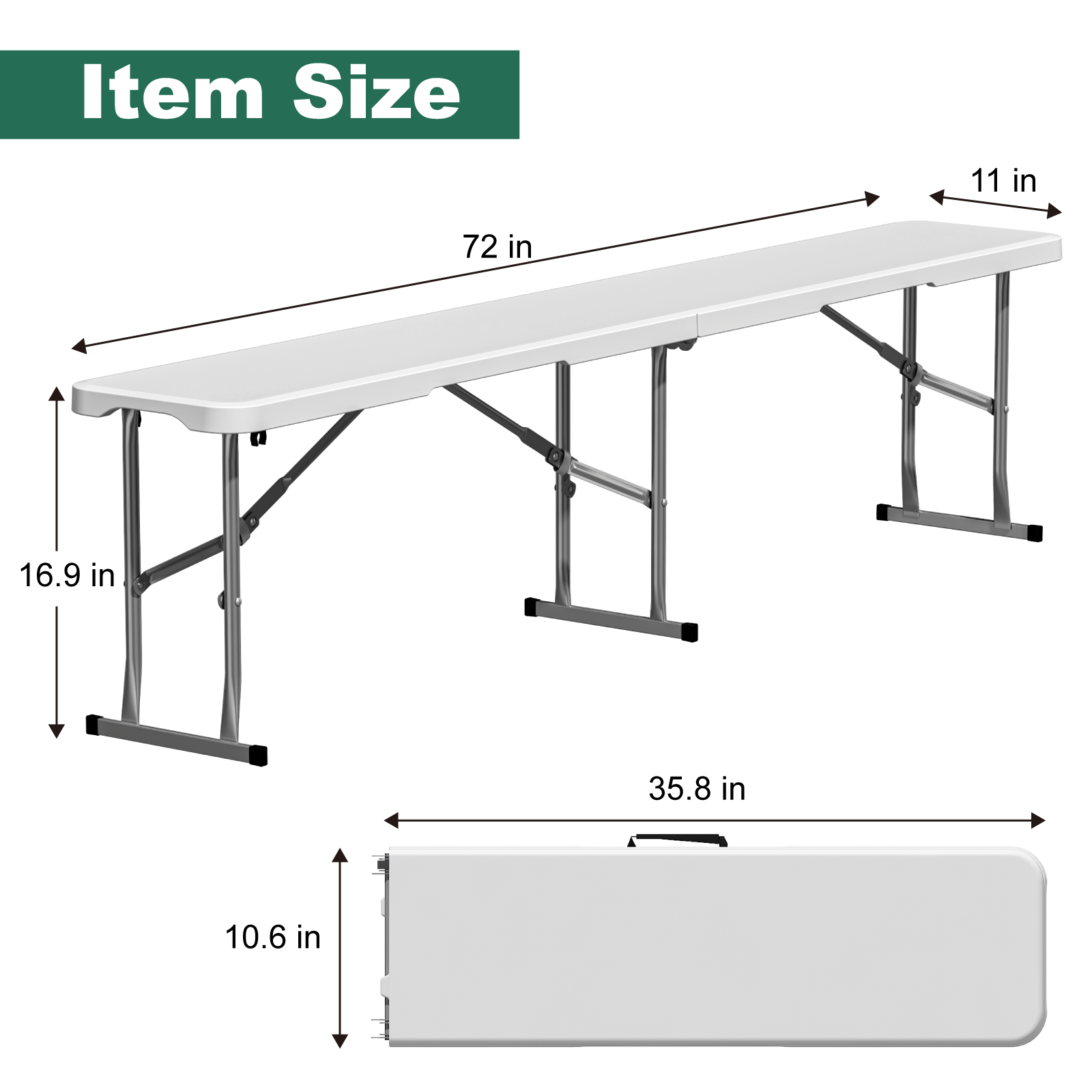 OROFULL 6FT Plastic Folding Bench 2 Pack, HDPE Portable Foldable Bench with Steel Frame for Outdoor Camping Picnic Party Dining, White
