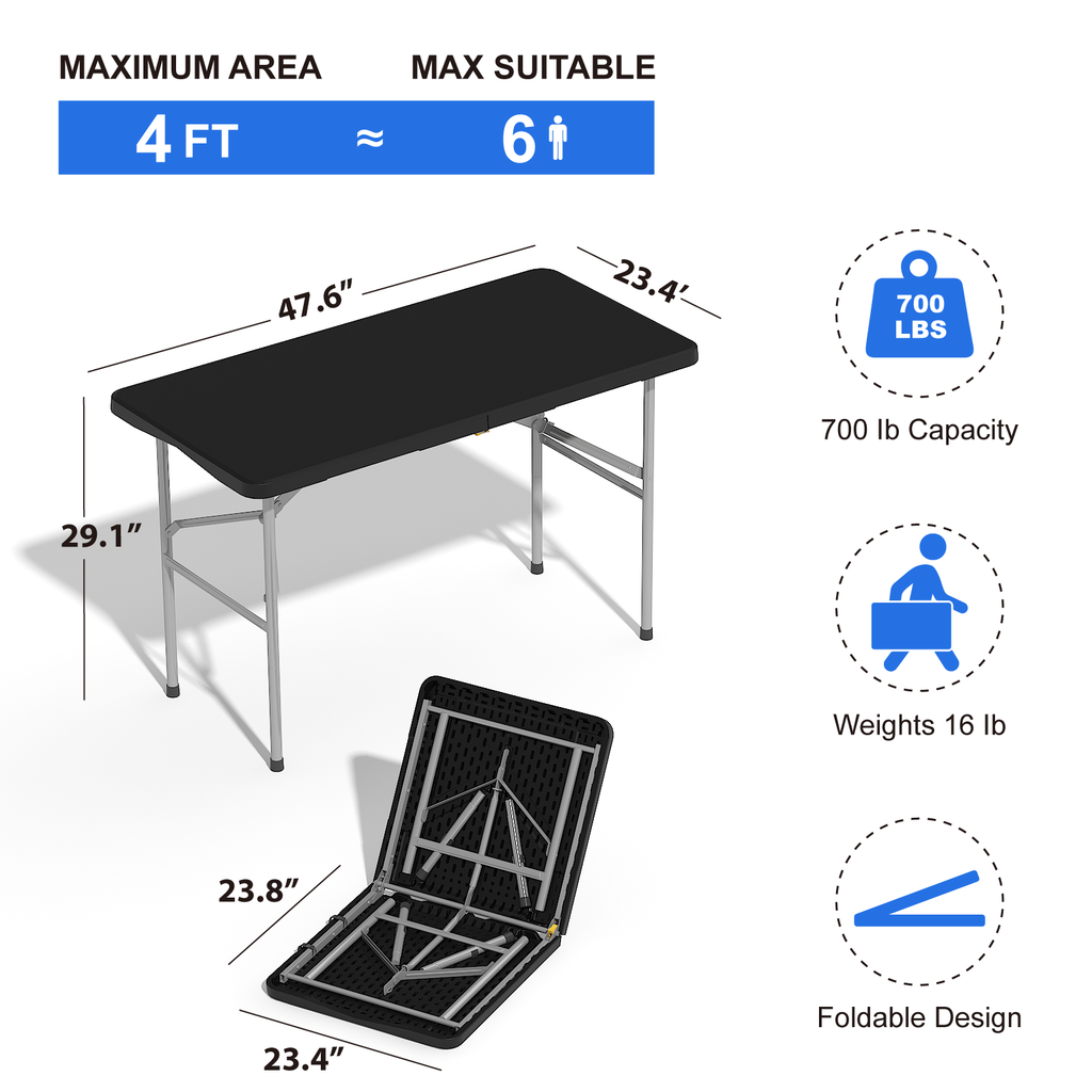 OROFULL 4 FT Folding Table, Heavy Duty HDPE Plastic Portable Foldable Table with Safety Lock & Carry Handle for Indoor Outdoor Party Camping Picnic Dining, Black