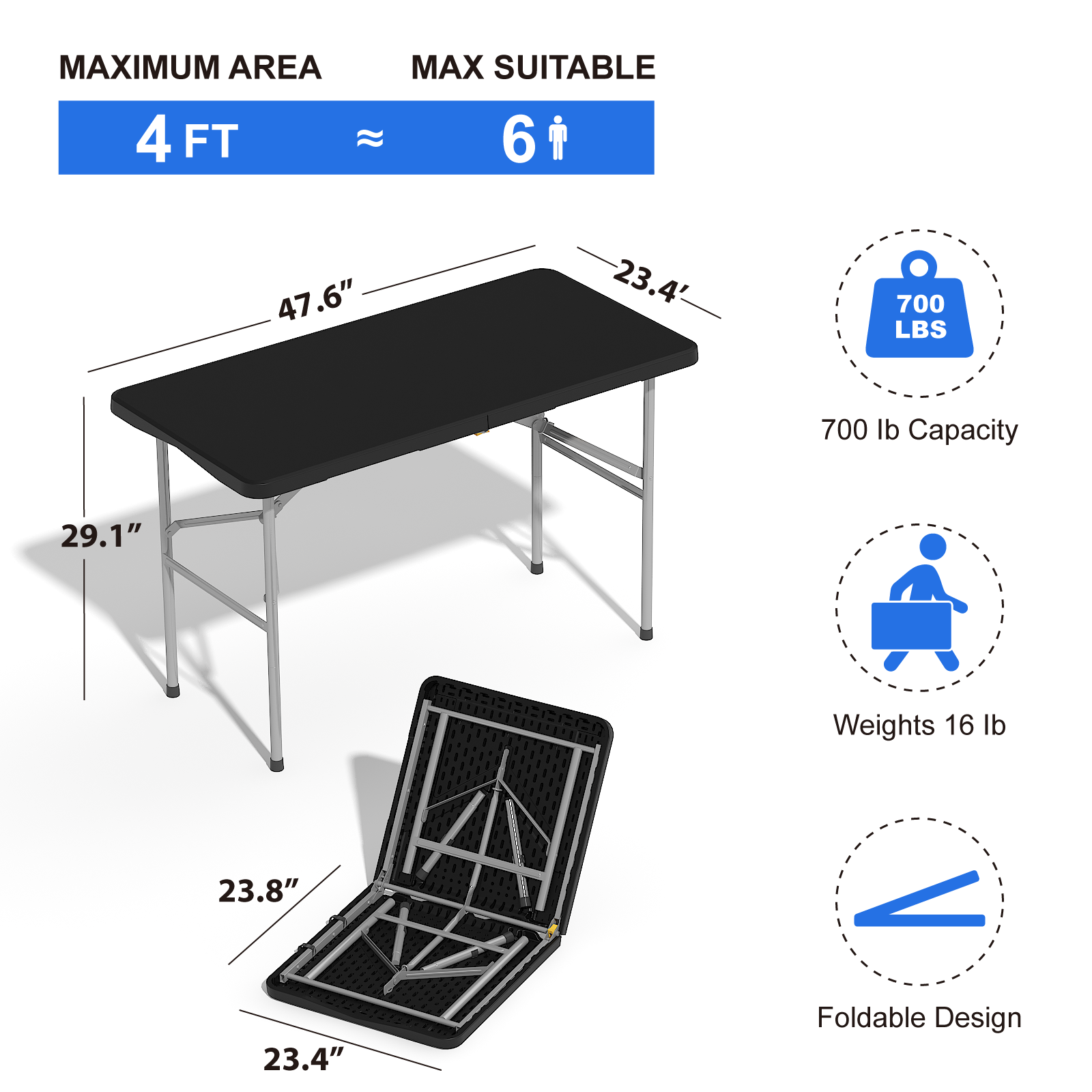 OROFULL 4 FT Folding Table, Heavy Duty HDPE Plastic Portable Foldable Table with Safety Lock & Carry Handle for Indoor Outdoor Party Camping Picnic Dining, Black