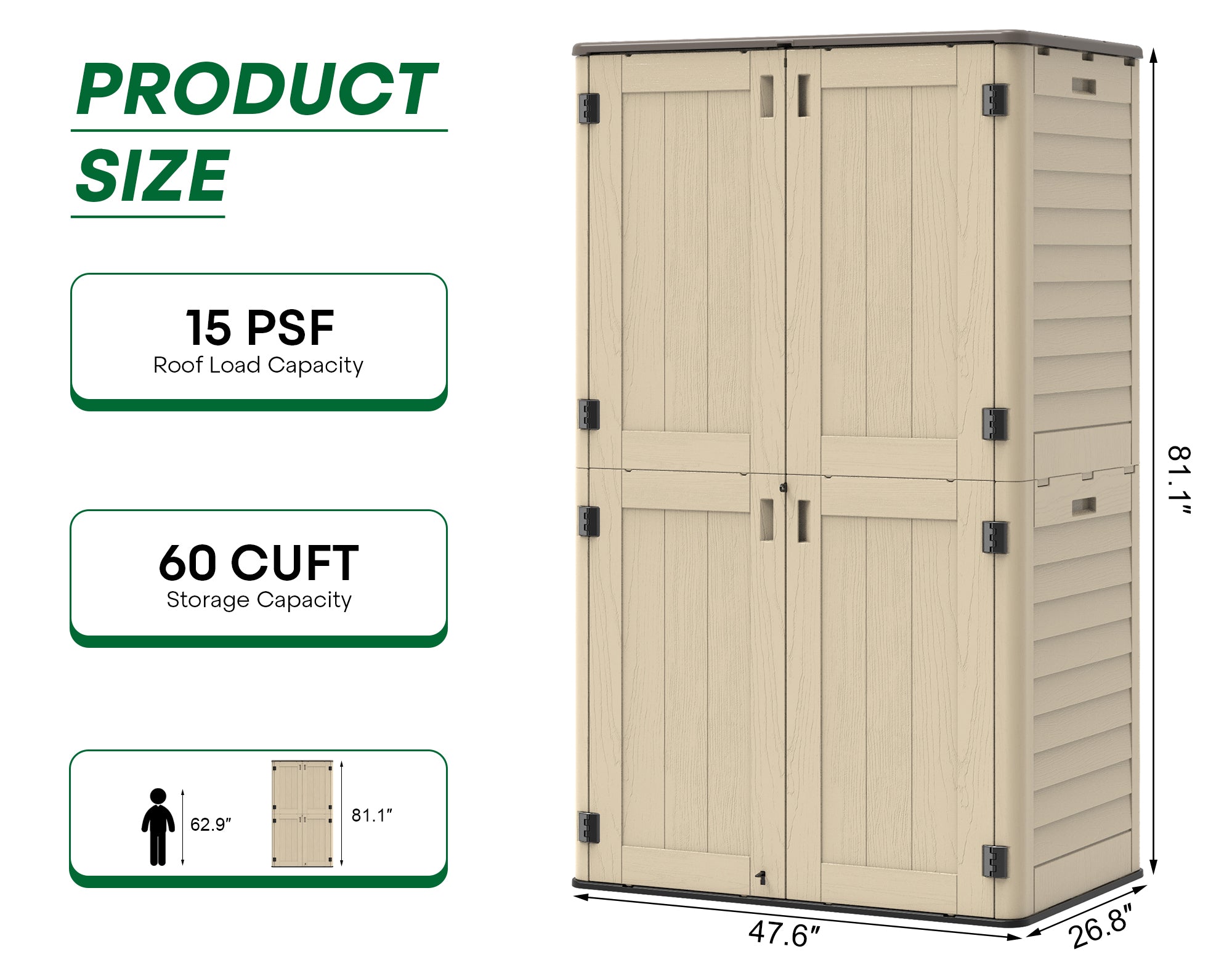 OROFULL 5x3 FT Outdoor Storage Shed, Waterproof Resin Tool Shed with Lockable Door & Reinforced Floor, All-Weather Shed for Patio Garage Garden Khaki