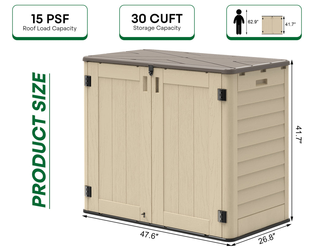 OROFULL 30 Cu.Ft Outdoor Storage Shed, Waterproof Resin Horizontal Cabinet with Lockable Doors for Patio, Backyard & Garden Tools, Khaki