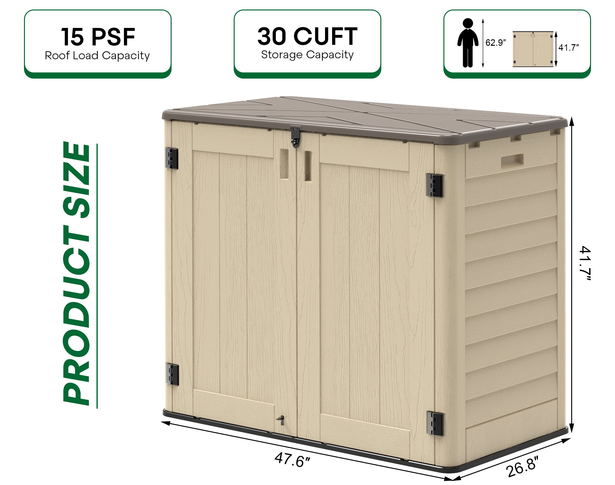 OROFULL 30 Cu.Ft Outdoor Storage Shed, Waterproof Resin Horizontal Cabinet with Lockable Doors for Patio, Backyard & Garden Tools, Khaki