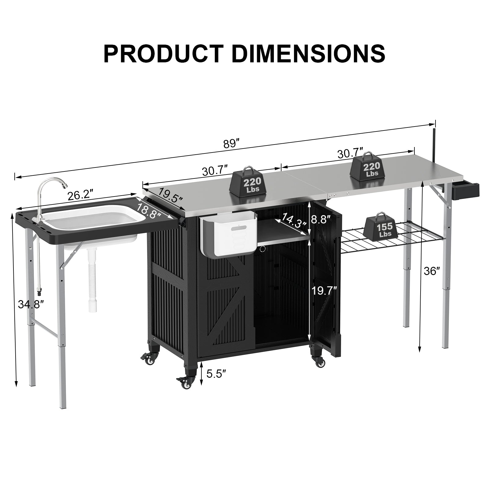 OROFULL 3-in-1 Outdoor Grill Cart with Storage Cabinet, Movable BBQ Prep Station with Stainless Steel Tabletop & Foldable Sink for Patio, Black