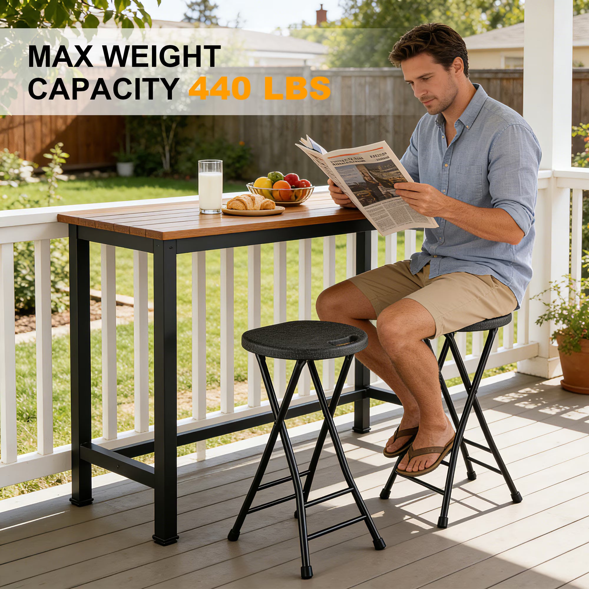 OROFULL 24 Inch Tall Folding Stool 1 Pack, Heavy Duty HDPE Portable Bar Stool with Carry Handle & Steel Frame for Indoor Outdoor Use, Black