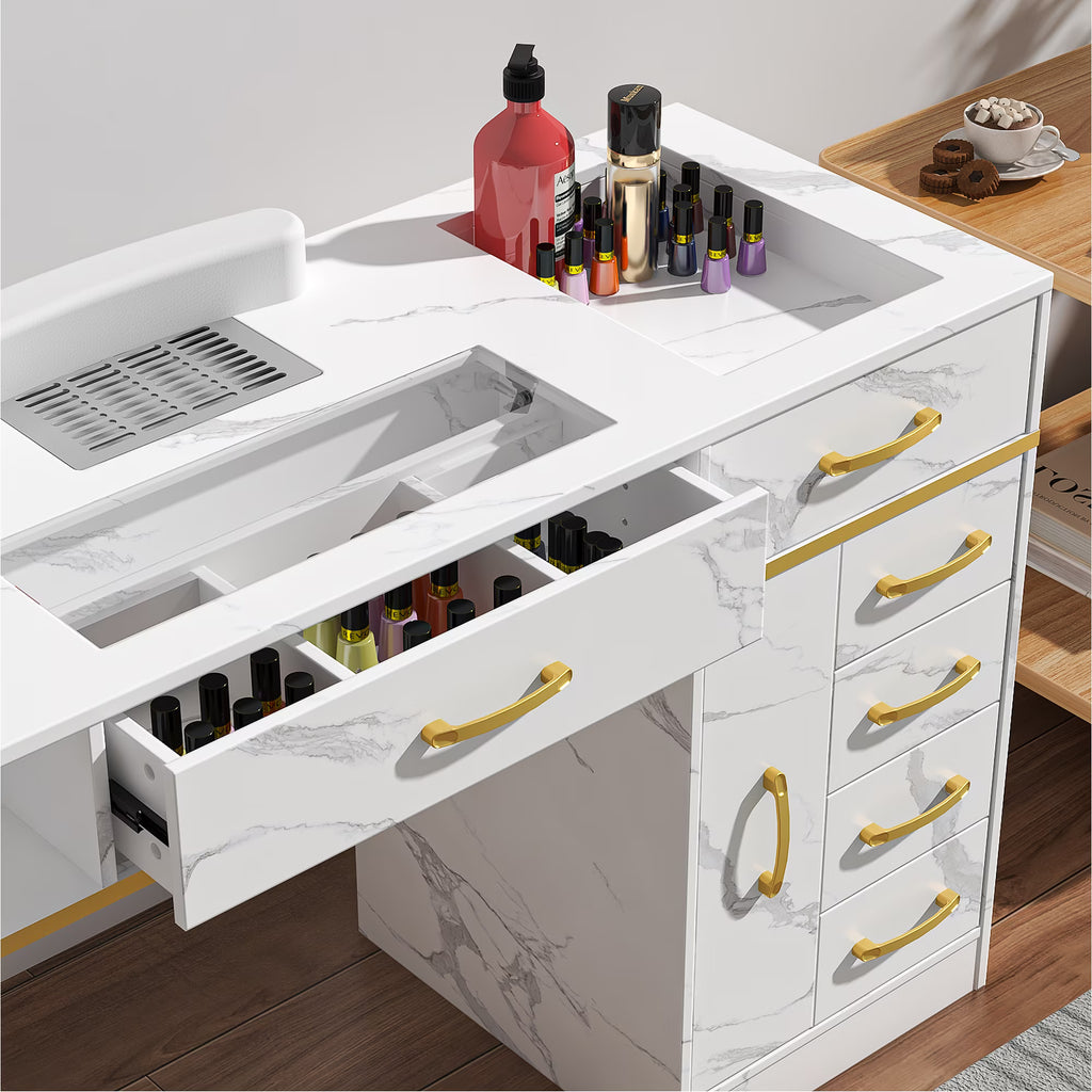 OROFULL Manicure Table, Professional Nail Desk with Dust Collector & Storage Drawers, Acetone Resistant Nail Station for Salon Home Use, White