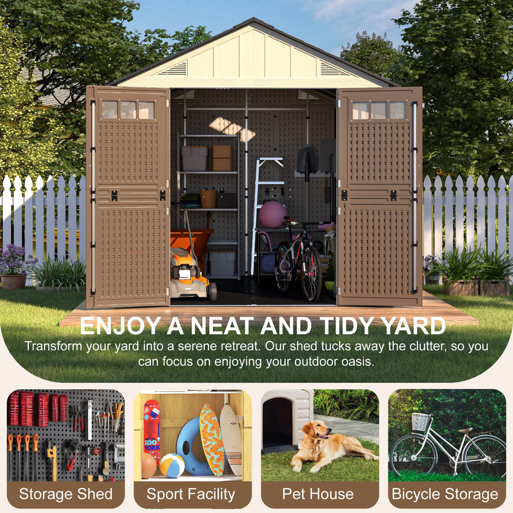 OROFULL 8x12 FT Outdoor Storage Shed, HDPE Heavy Duty Tool Shed with Built-in Floor, Lockable Doors & Ventilation for Patio Garden Backyard, Khaki