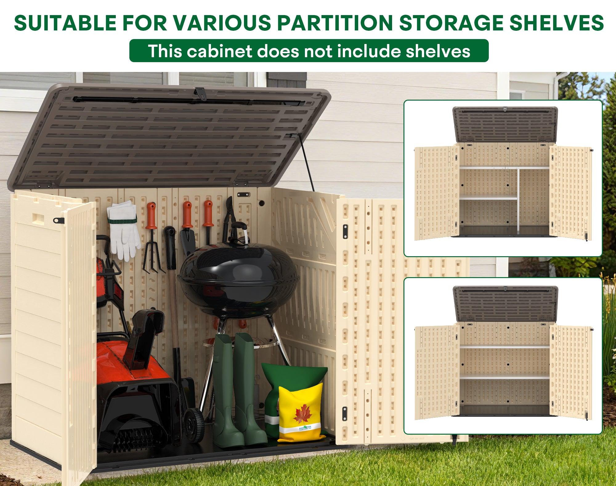 OROFULL 30 Cu.Ft Outdoor Storage Shed, Waterproof Resin Horizontal Cabinet with Lockable Doors for Patio, Backyard & Garden Tools, Khaki