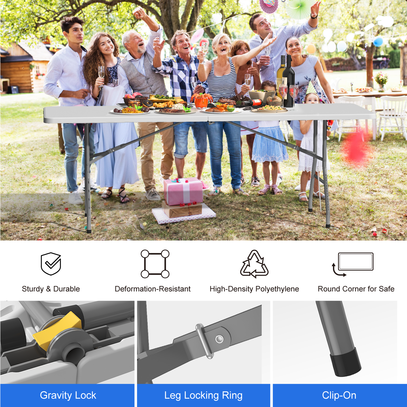 OROFULL 8ft Folding Table, Heavy Duty Plastic Foldable Table with Carry Handle, Indoor Outdoor Utility Table for Party Camping Picnic Dining, White