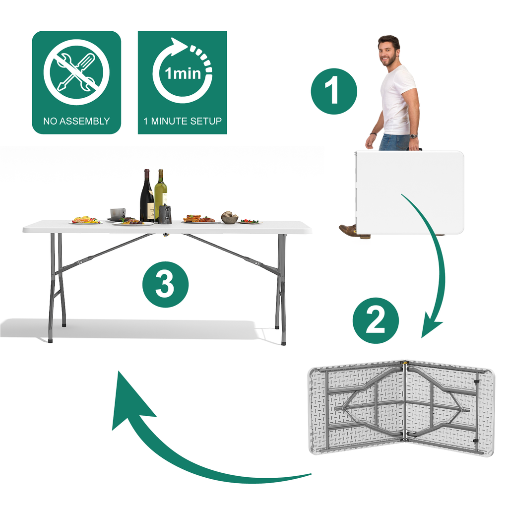 OROFULL 6 Foot Folding Plastic Table, Heavy Duty Portable Indoor Outdoor Dining Table with Carry Handle, Lock Design, White
