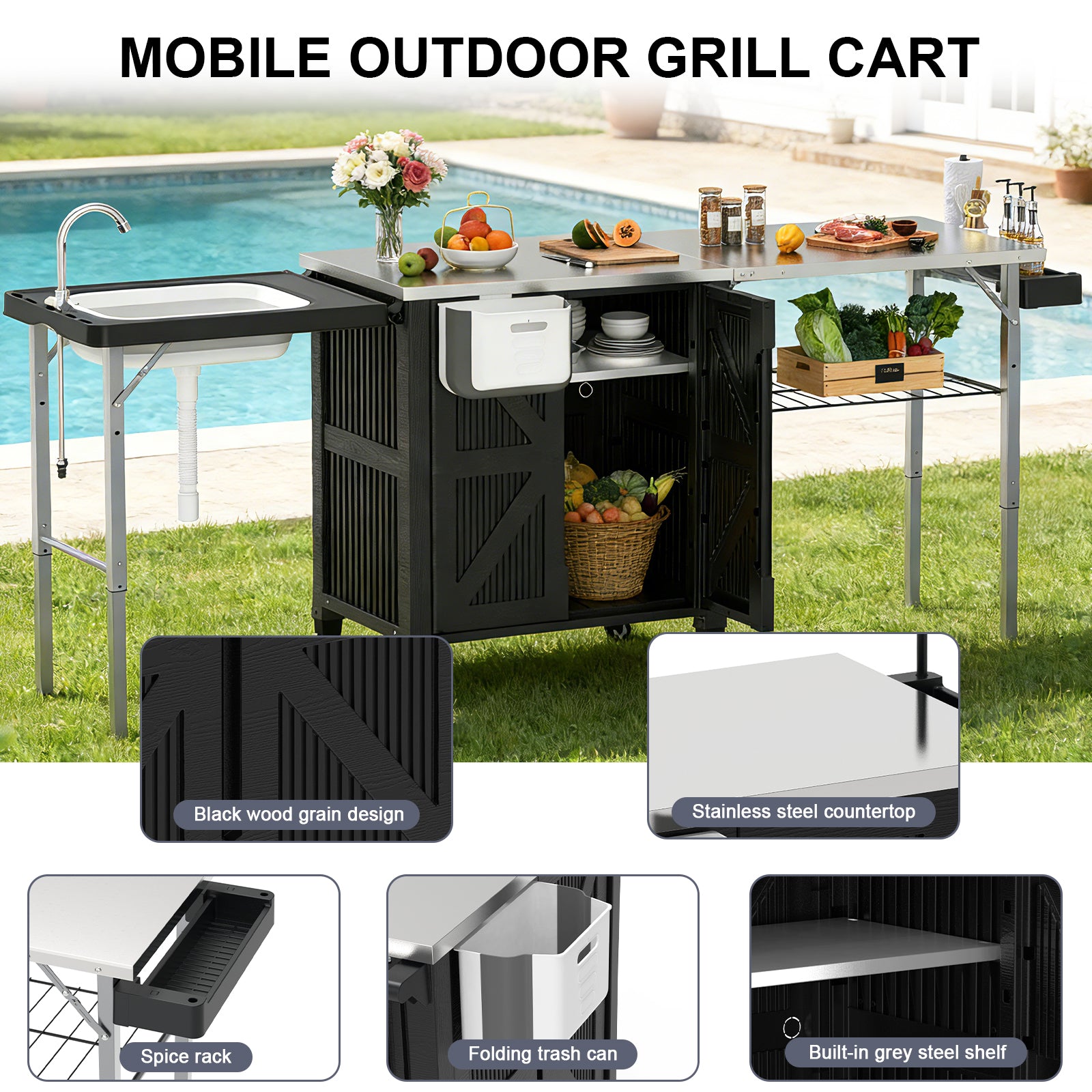 OROFULL 3-in-1 Outdoor Grill Cart with Storage Cabinet, Movable BBQ Prep Station with Stainless Steel Tabletop & Foldable Sink for Patio, Black