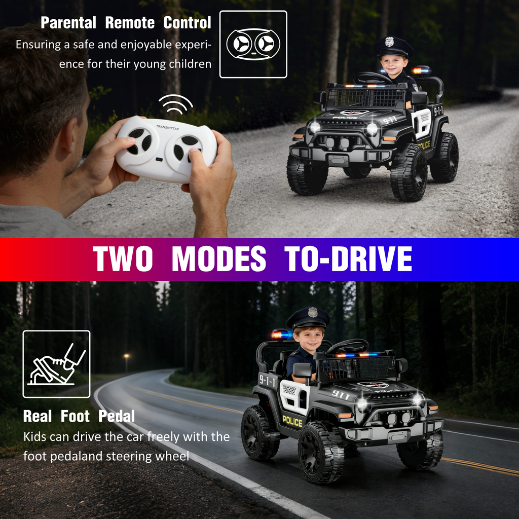 OROFULL 12V Electric Police Car, Kids Ride On Car with Remote Control, Double Doors and Music for Toddlers, Boys and Girls,Black