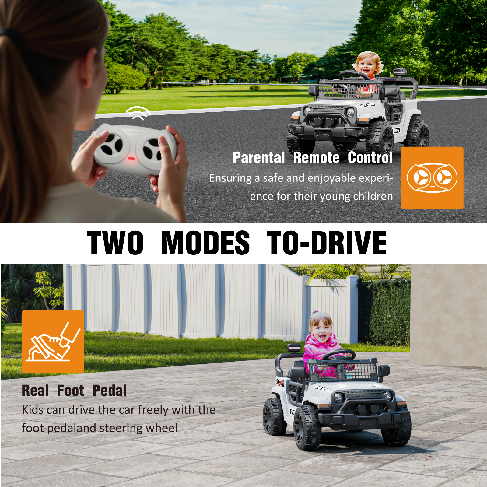 OROFULL 12V Electric Ride On Car, Kids Ride On Truck Toy with Remote Control, Double Doors and Music for Toddlers, Boys and Girls,White