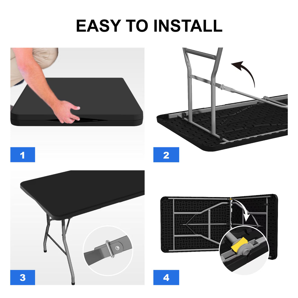 OROFULL 8ft Folding Table, Heavy Duty Plastic Foldable Table with Carry Handle, Indoor Outdoor Utility Table for Party Camping Picnic Dining, Black