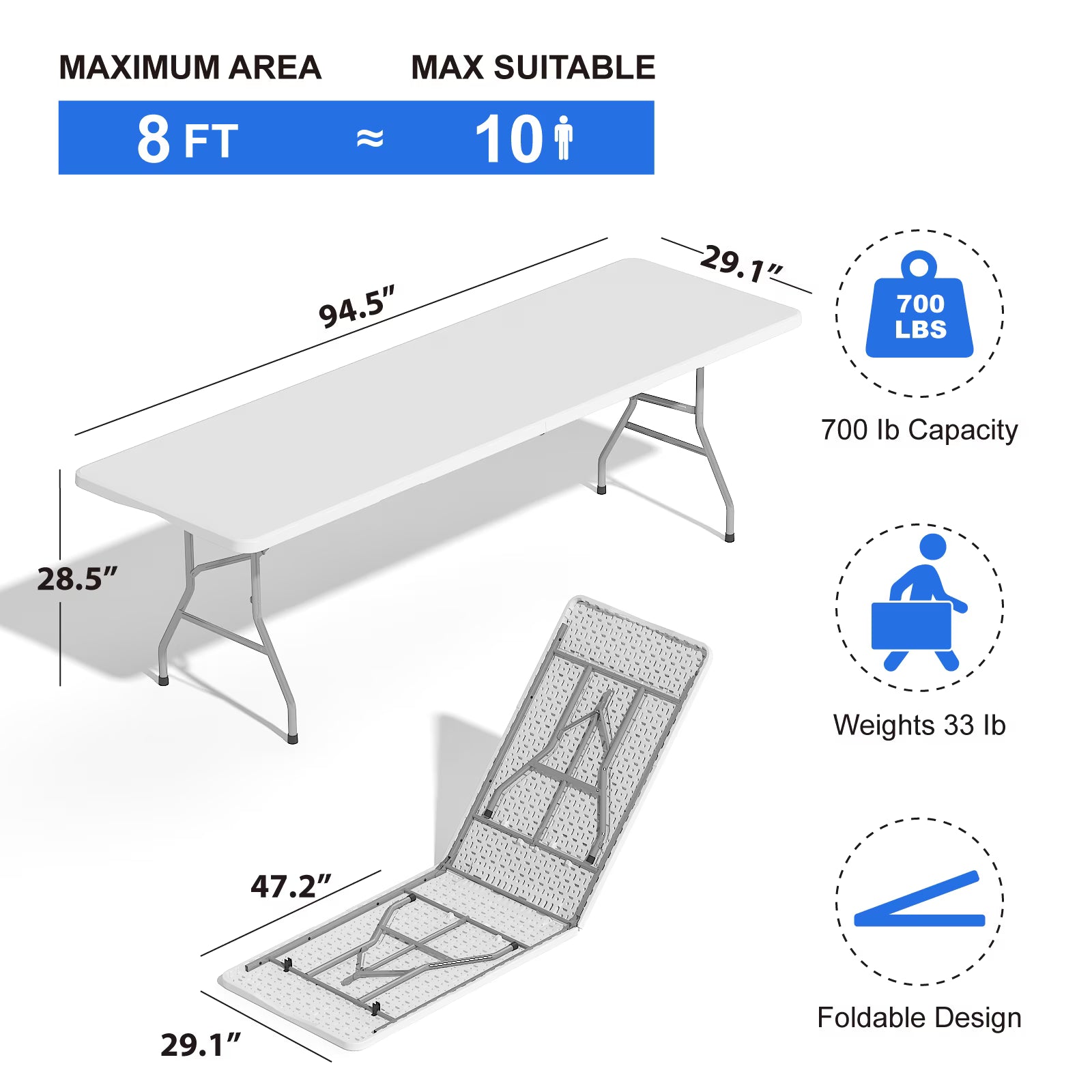OROFULL 8FT Folding Table Set with 10 Chairs, Plastic Portable Dining Table for Party Camping Backyard Events Picnic,White