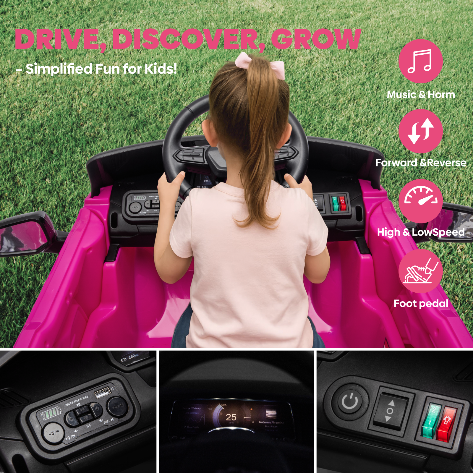 OROFULL 24V Licensed Chevrolet Electric Ride On Car with Remote, LED Lights, MP3, Safety Belt for Toddlers, Boys and Girls,Pink